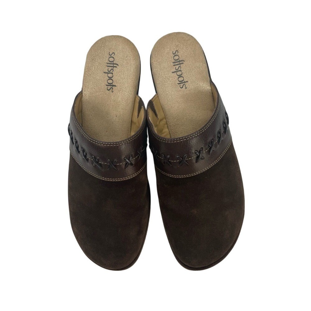 Softspots Womens Brown Suede Leather Whipstitch Wedge Clog Mules 8M 7714625